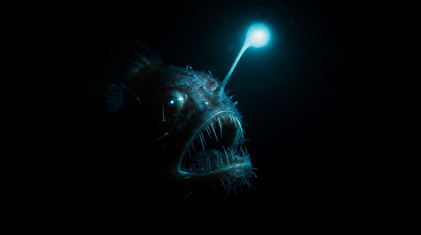 A deep-sea anglerfish lit only by its own glowing lure