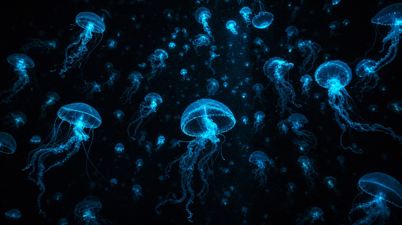 A swarm of bioluminescent jellyfish glowing cyan in black water