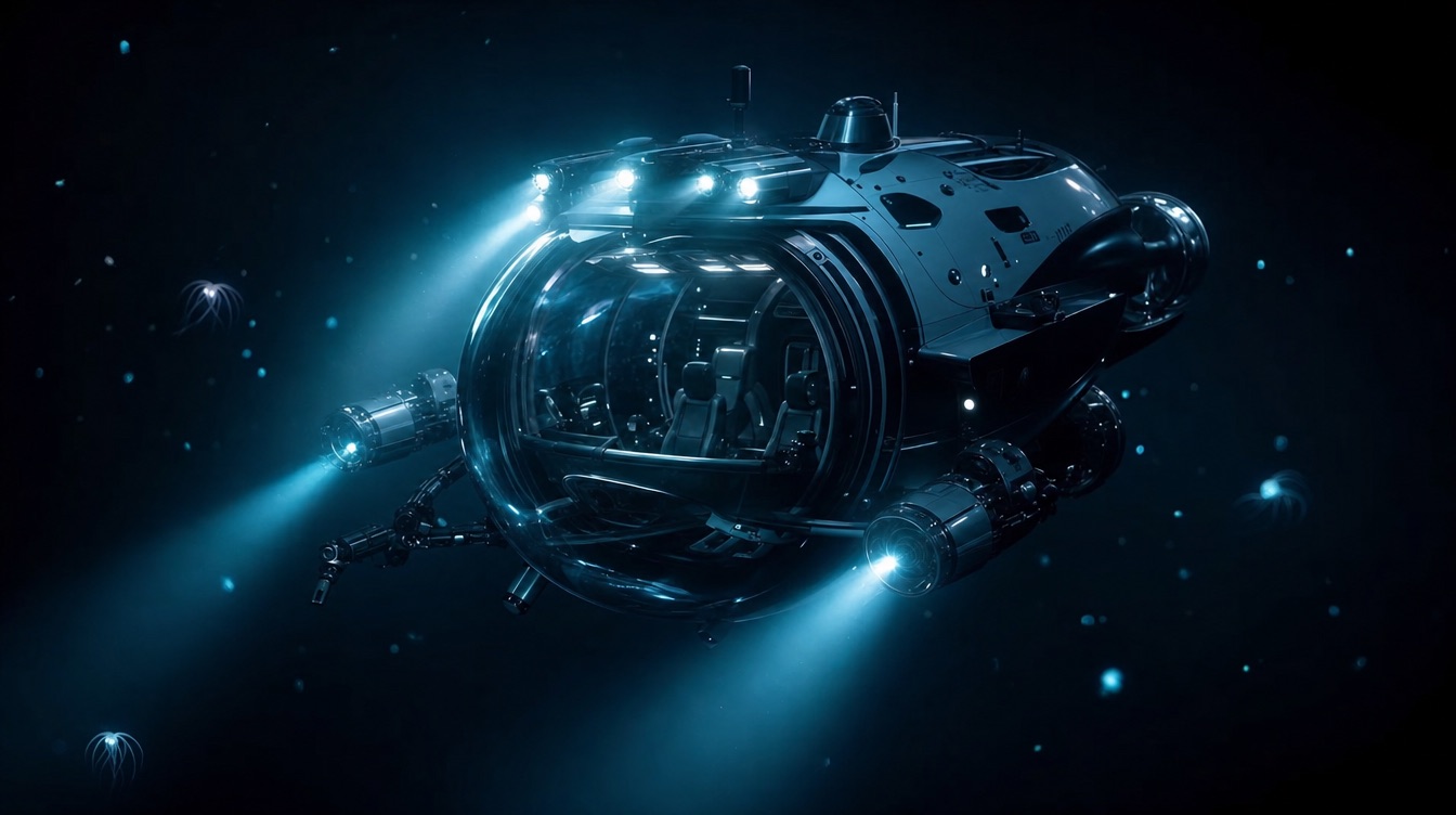The DSV Halcyon submersible descending with floodlights on