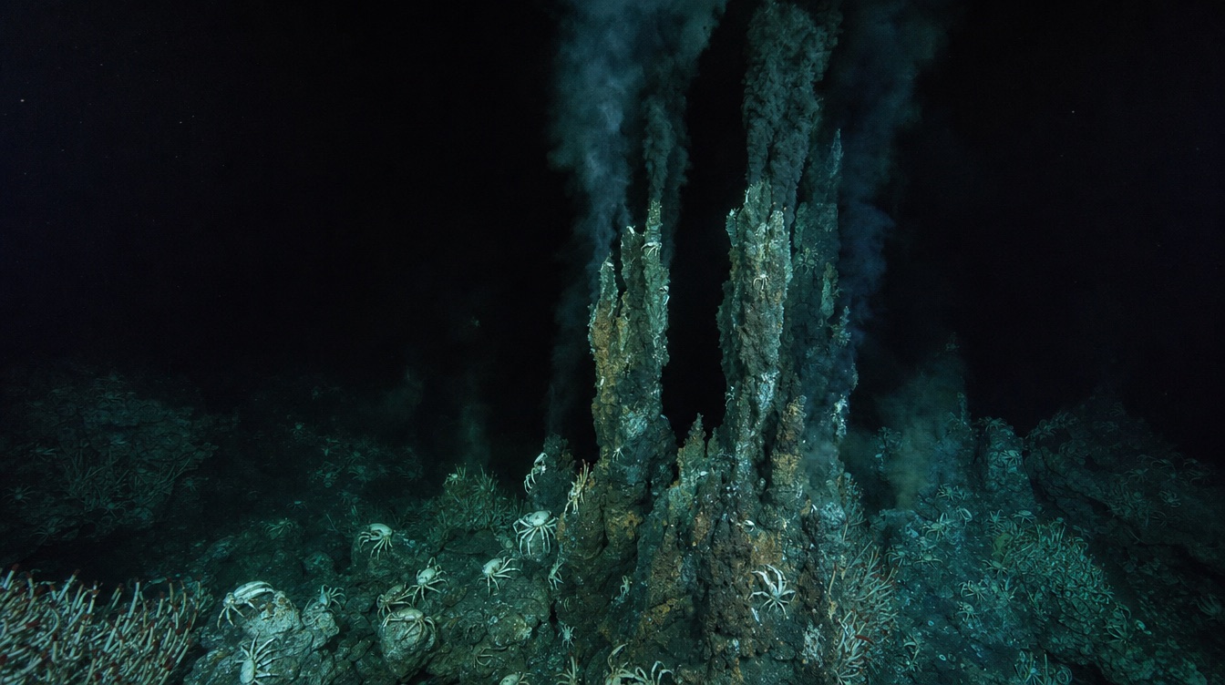 Hydrothermal vent chimneys on the abyssal seafloor under submersible floodlights